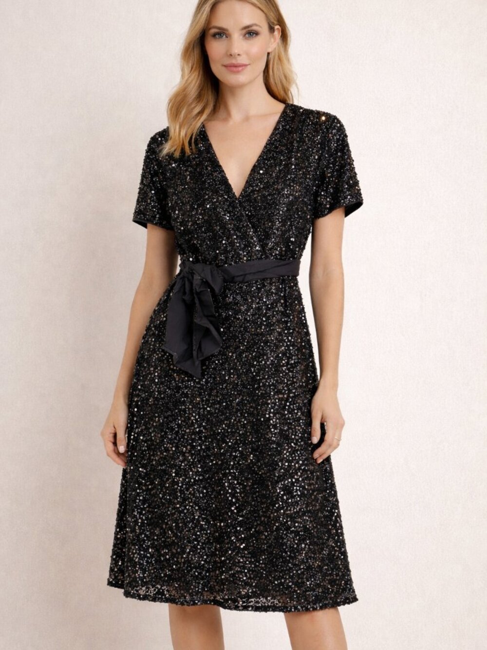 SHEIN Women's Black sequined XL dress with satin tie, NWOT